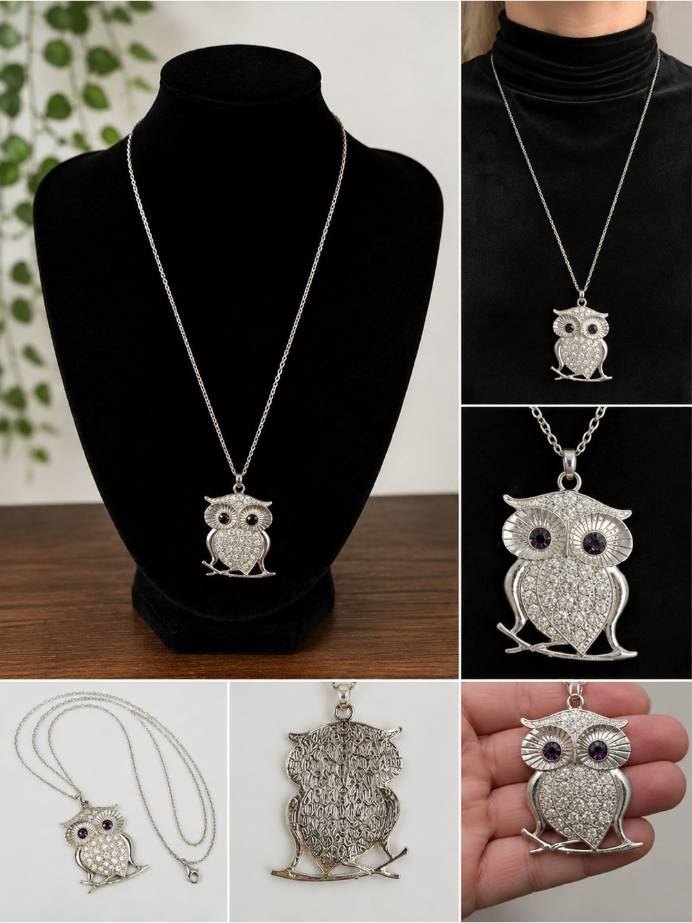 Silver Tone Owl Pendant Necklace 29” Chain Crystal Accents Statement Pendant